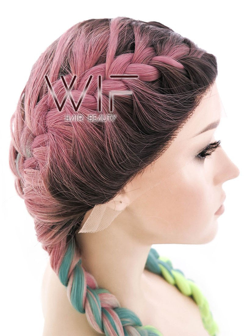 28" Purple Green Ombre With Dark Roots Dutch Braid Lace Front Synthetic Wig LF2013