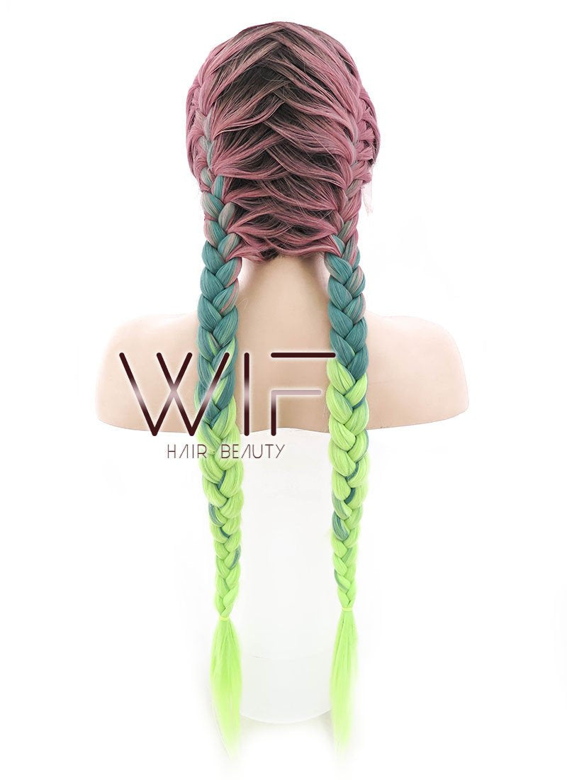 28" Purple Green Ombre With Dark Roots Dutch Braid Lace Front Synthetic Wig LF2013
