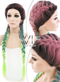 28" Purple Green Ombre With Dark Roots Dutch Braid Lace Front Synthetic Wig LF2013