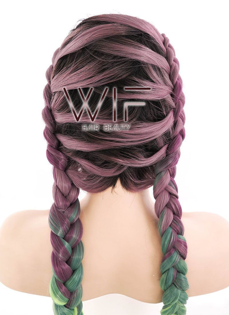 28" Long Black Pink Green Mixed Dutch Braid Lace Front Synthetic Hair Wig lf2015
