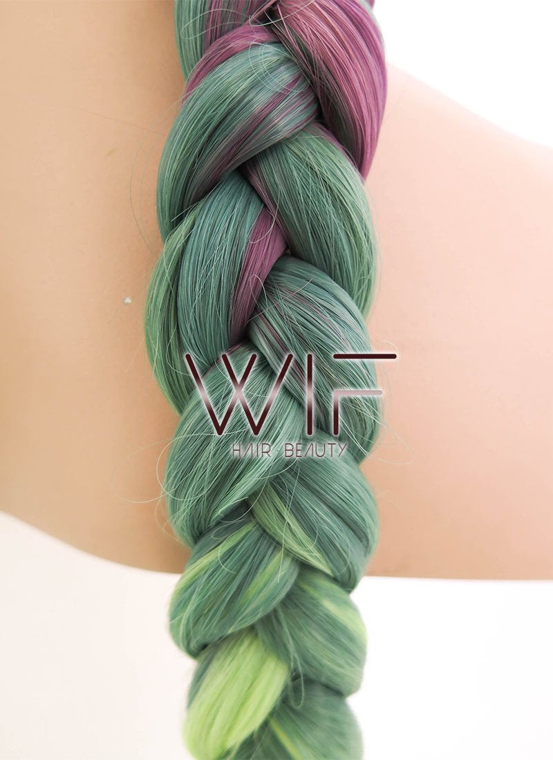 28" Long Black Pink Green Mixed Dutch Braid Lace Front Synthetic Hair Wig lf2015