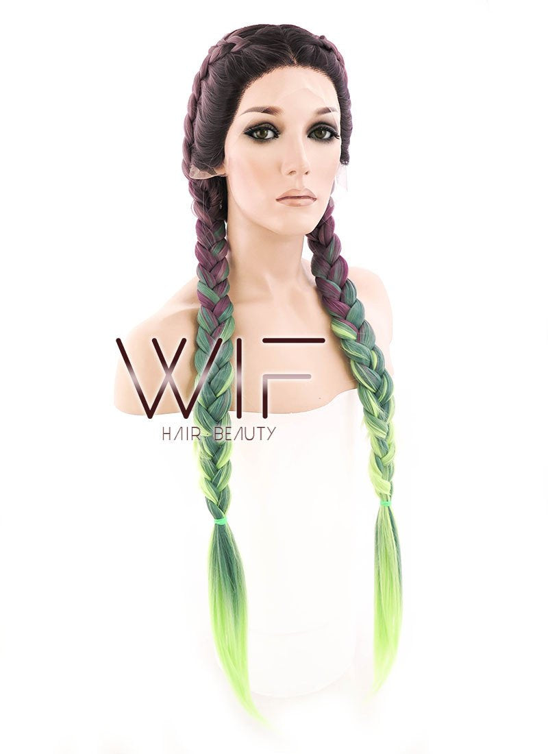 28" Long Black Pink Green Mixed Dutch Braid Lace Front Synthetic Hair Wig lf2015