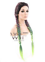 28" Long Black Pink Green Mixed Dutch Braid Lace Front Synthetic Hair Wig lf2015