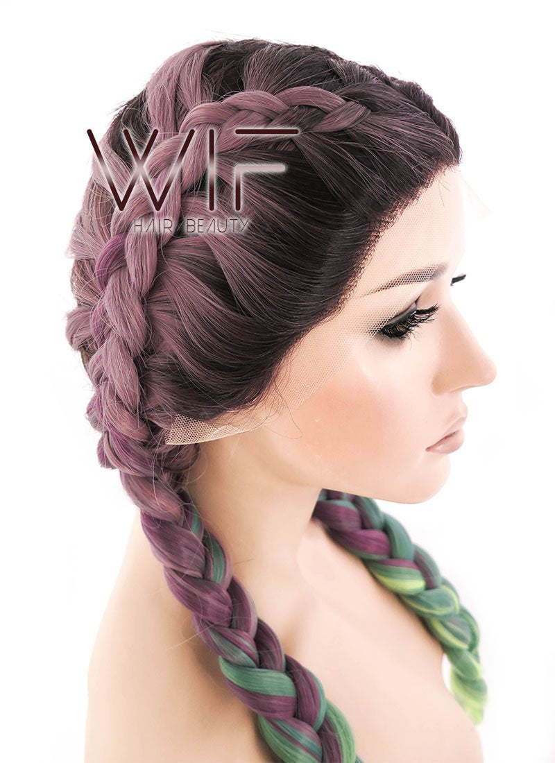 28" Long Black Pink Green Mixed Dutch Braid Lace Front Synthetic Hair Wig lf2015