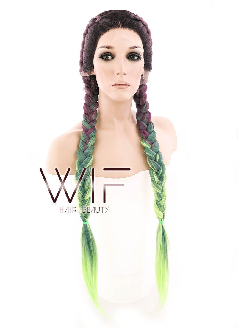 28" Long Black Pink Green Mixed Dutch Braid Lace Front Synthetic Hair Wig lf2015