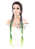 28" Long Black Pink Green Mixed Dutch Braid Lace Front Synthetic Hair Wig lf2015