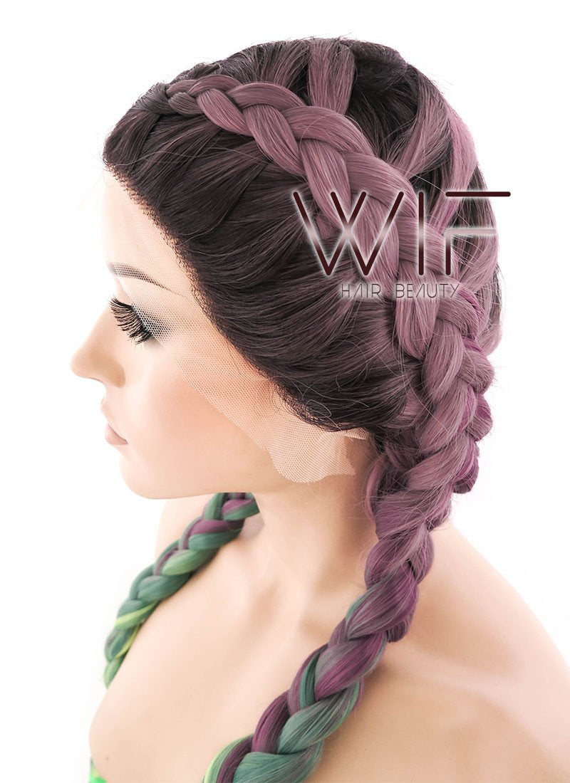 28" Long Black Pink Green Mixed Dutch Braid Lace Front Synthetic Hair Wig lf2015