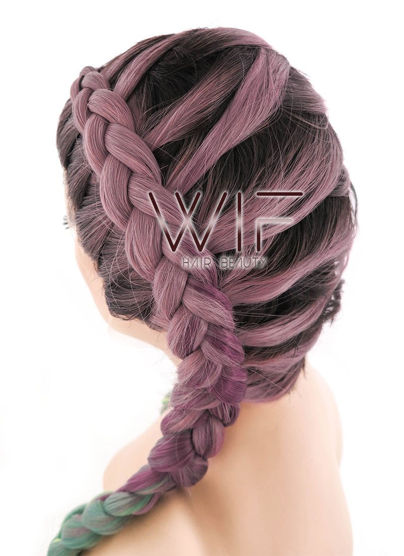 28" Long Black Pink Green Mixed Dutch Braid Lace Front Synthetic Hair Wig lf2015