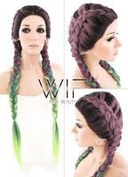 28" Purple Green Ombre With Dark Roots Dutch Braid Lace Front Synthetic Wig LF2015