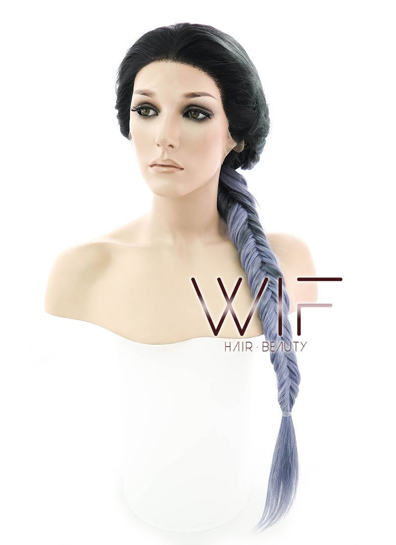 24" Long Straight Dark Grey Mixed Purple with Dark Roots Ombre Braided Lace Front Synthetic Hair Wig LF2018