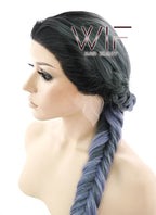 24" Long Straight Dark Grey Mixed Purple with Dark Roots Ombre Braided Lace Front Synthetic Hair Wig LF2018
