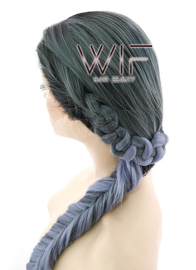 24" Long Straight Dark Grey Mixed Purple with Dark Roots Ombre Braided Lace Front Synthetic Hair Wig LF2018