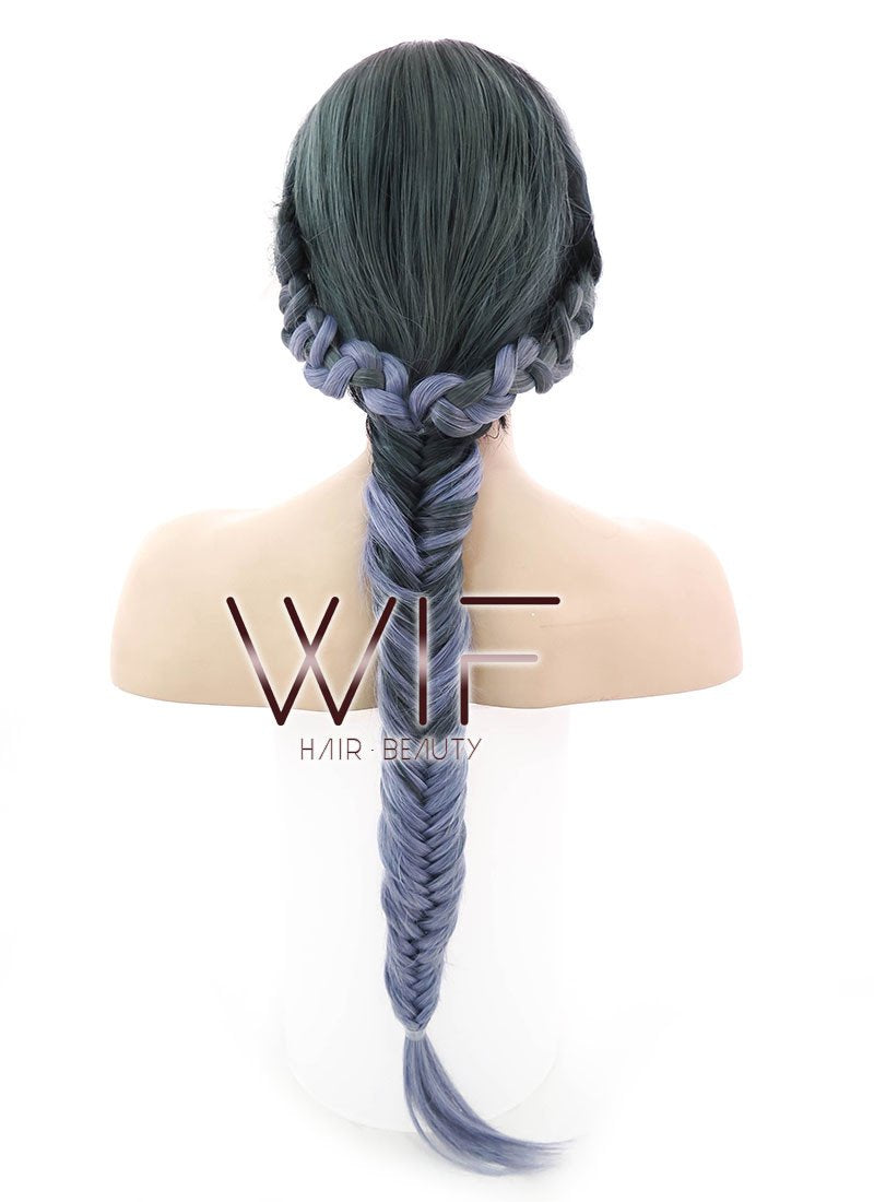 24" Long Straight Dark Grey Mixed Purple with Dark Roots Ombre Braided Lace Front Synthetic Hair Wig LF2018