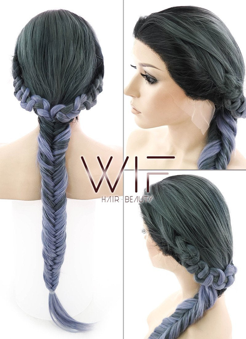 24" Two Tone Grey With Dark Roots Braided Lace Front Synthetic Wig LF2018