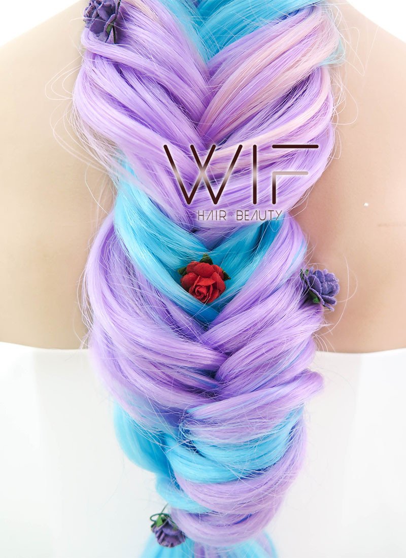 26" Long Curly Light Pink Purple Blue Mix Pastel Ombre Braided Lace Front Synthetic Hair Wig LF2019