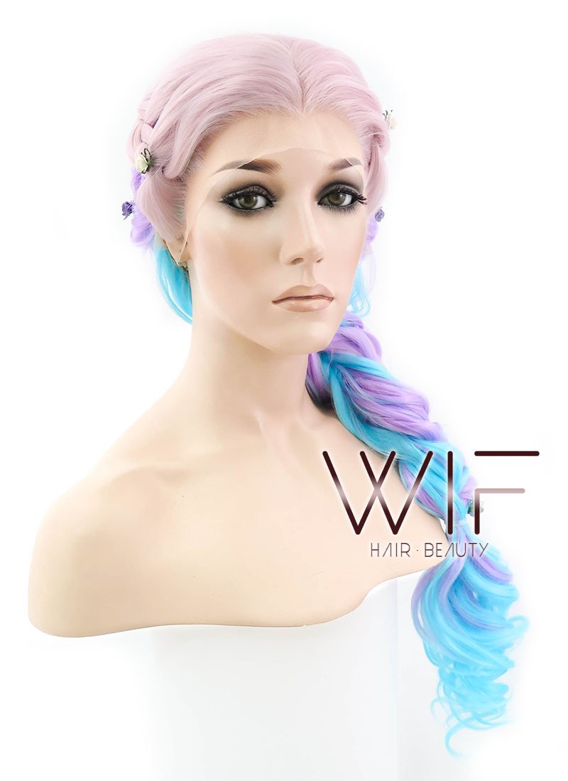 26" Long Curly Light Pink Purple Blue Mix Pastel Ombre Braided Lace Front Synthetic Hair Wig LF2019