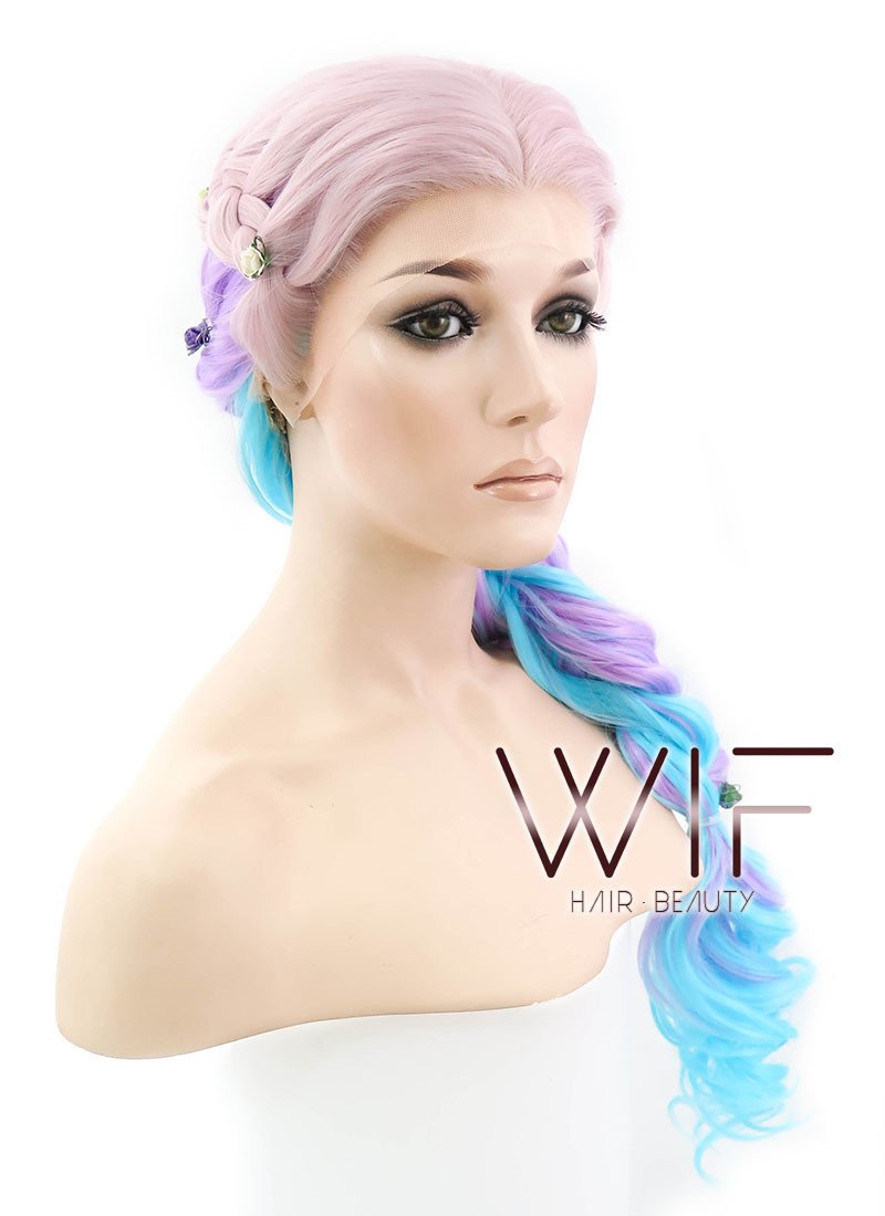 26" Long Curly Light Pink Purple Blue Mix Pastel Ombre Braided Lace Front Synthetic Hair Wig LF2019