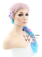 26" Long Curly Light Pink Purple Blue Mix Pastel Ombre Braided Lace Front Synthetic Hair Wig LF2019