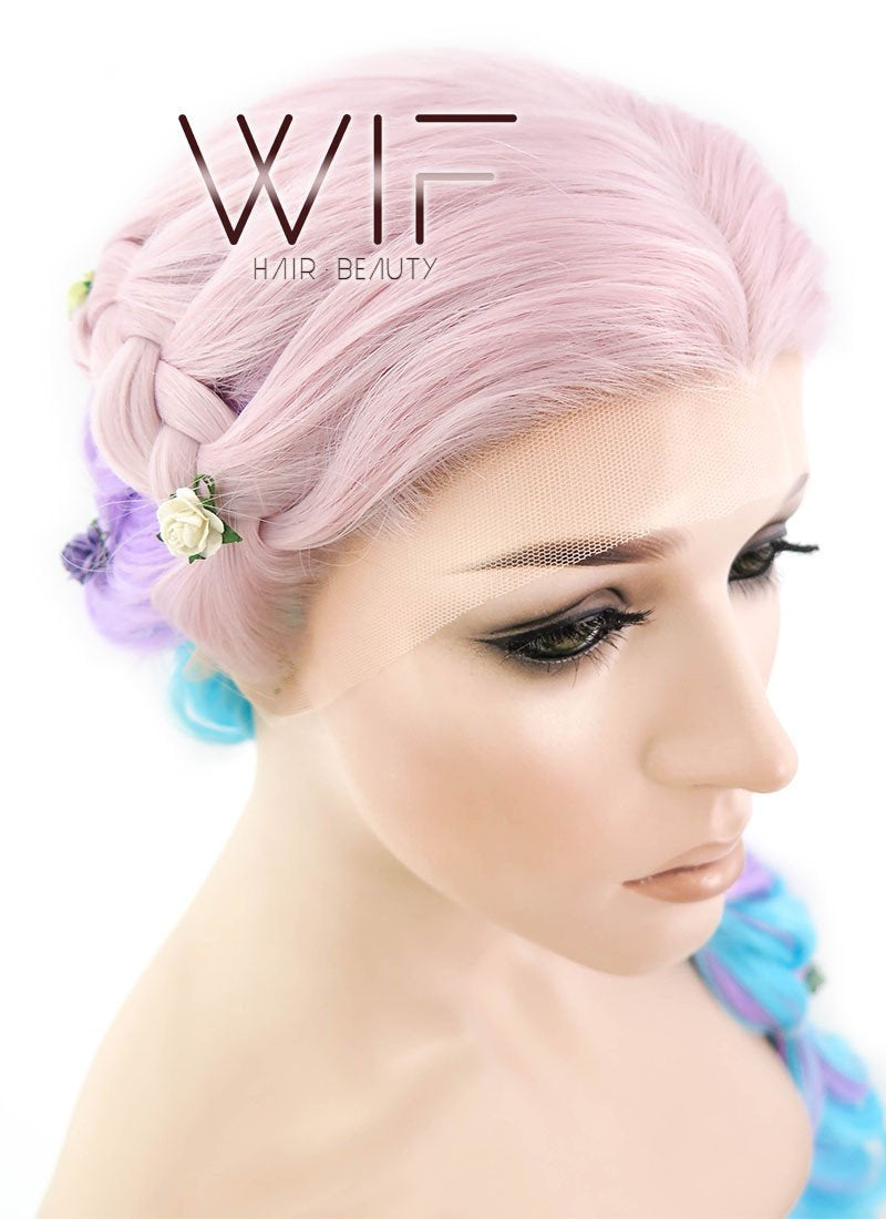 26" Long Curly Light Pink Purple Blue Mix Pastel Ombre Braided Lace Front Synthetic Hair Wig LF2019