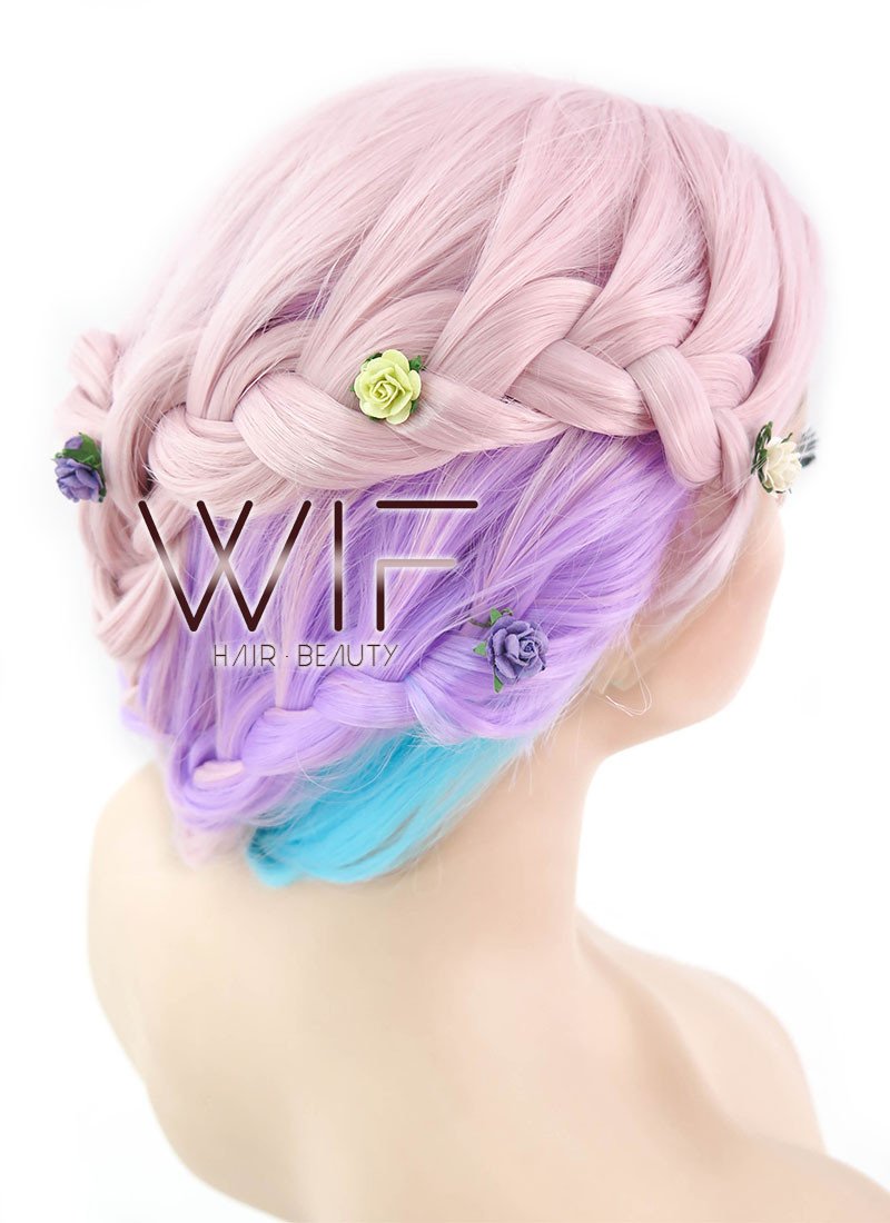 26" Long Curly Light Pink Purple Blue Mix Pastel Ombre Braided Lace Front Synthetic Hair Wig LF2019