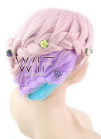 26" Long Curly Light Pink Purple Blue Mix Pastel Ombre Braided Lace Front Synthetic Hair Wig LF2019