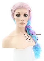 26" Long Curly Light Pink Purple Blue Mix Pastel Ombre Braided Lace Front Synthetic Hair Wig LF2019