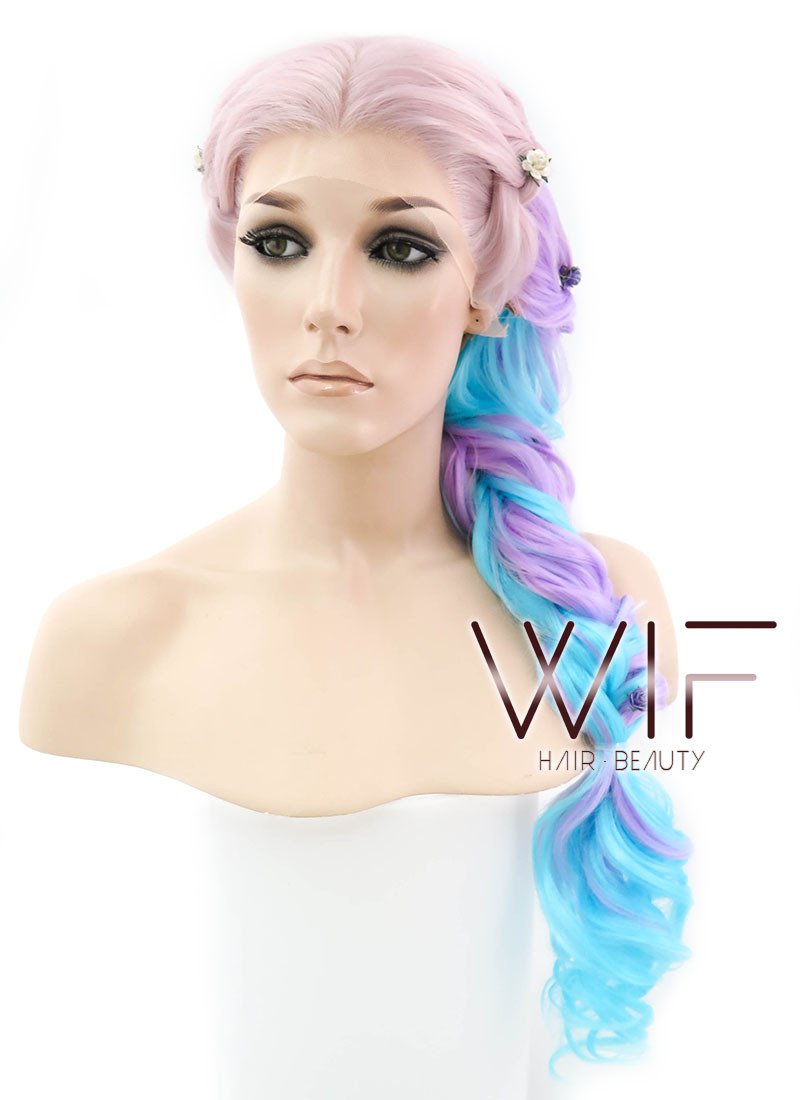 26" Long Curly Light Pink Purple Blue Mix Pastel Ombre Braided Lace Front Synthetic Hair Wig LF2019