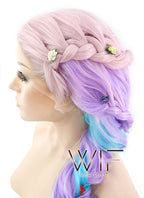 26" Long Curly Light Pink Purple Blue Mix Pastel Ombre Braided Lace Front Synthetic Hair Wig LF2019