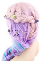 26" Long Curly Light Pink Purple Blue Mix Pastel Ombre Braided Lace Front Synthetic Hair Wig LF2019