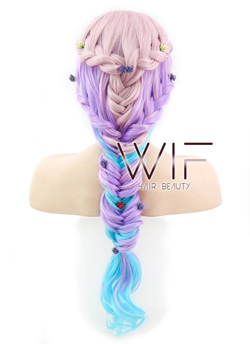 26" Long Curly Light Pink Purple Blue Mix Pastel Ombre Braided Lace Front Synthetic Hair Wig LF2019