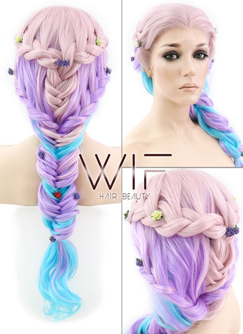 26" Pink Purple Blue Mixed Braided Lace Front Synthetic Wig LF2019
