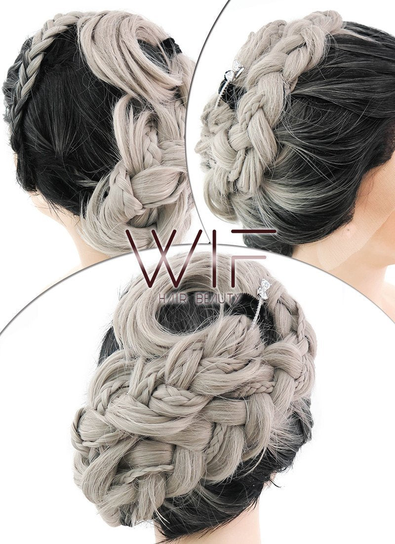 24" Ash Grey With Dark Roots Braided Lace Front Synthetic Wig LF2020