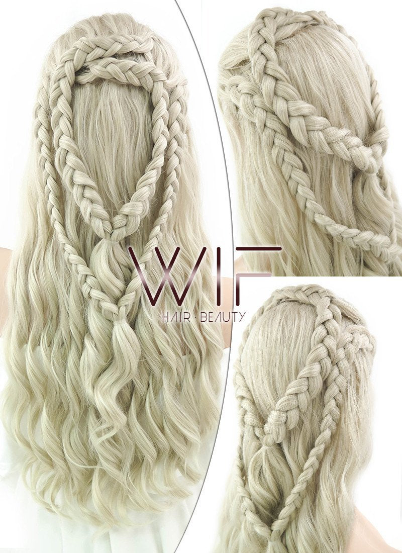 24" Wavy Light Ash Blonde Daenerys Targaryen Braided Lace Front Synthetic Wig LF2021