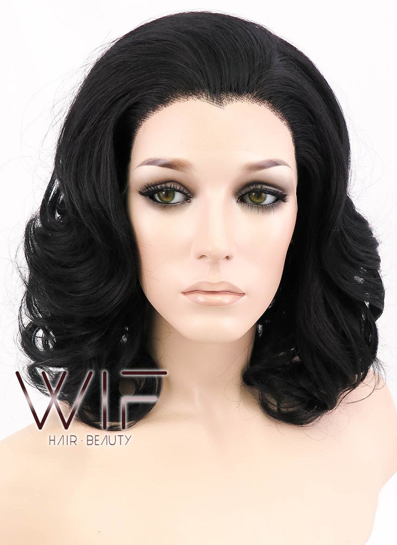 16" Wavy Jet Black Lace Front Synthetic Wig LF257