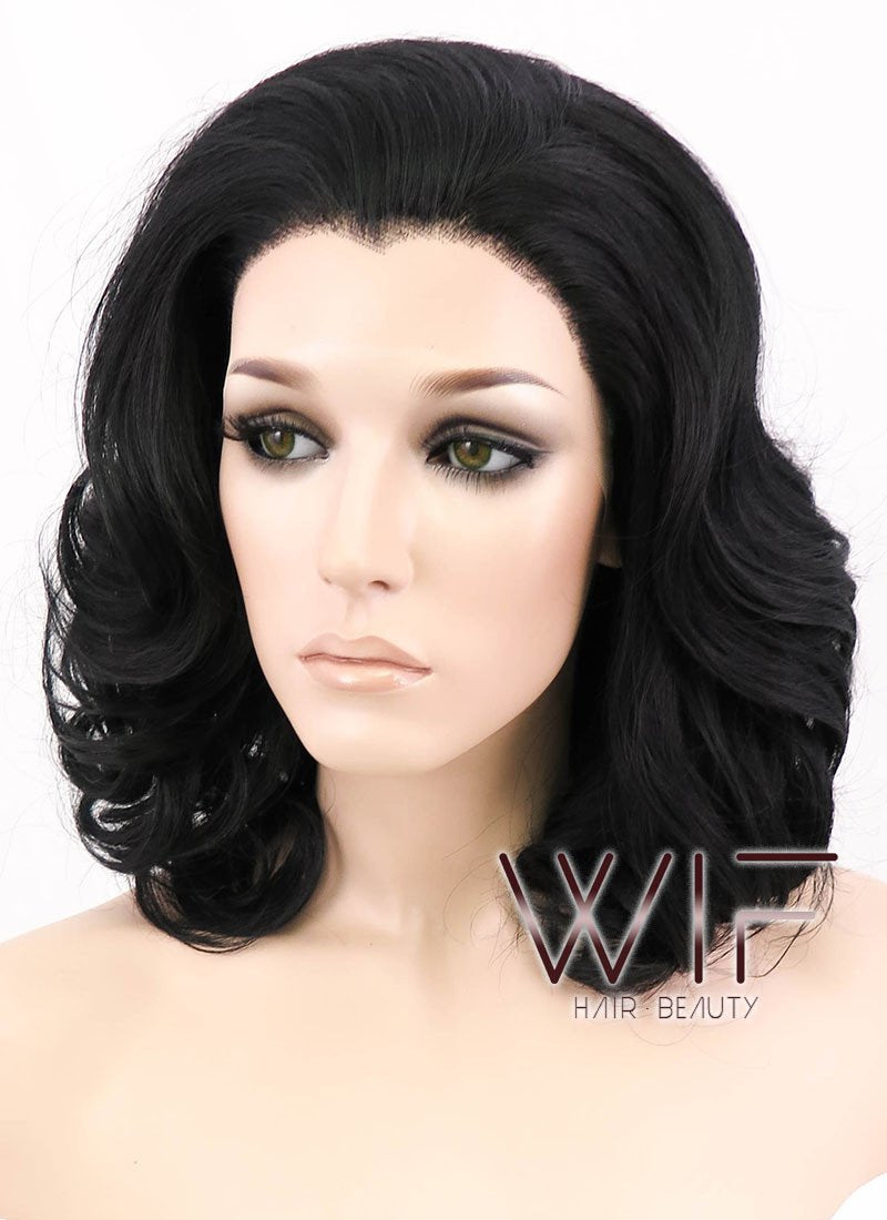 16" Wavy Jet Black Lace Front Synthetic Wig LF257