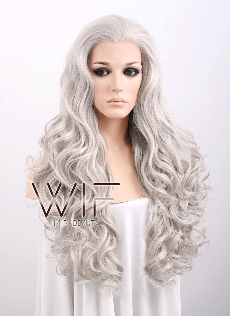 26" Wavy Blondish Grey Lace Front Synthetic Wig LF293