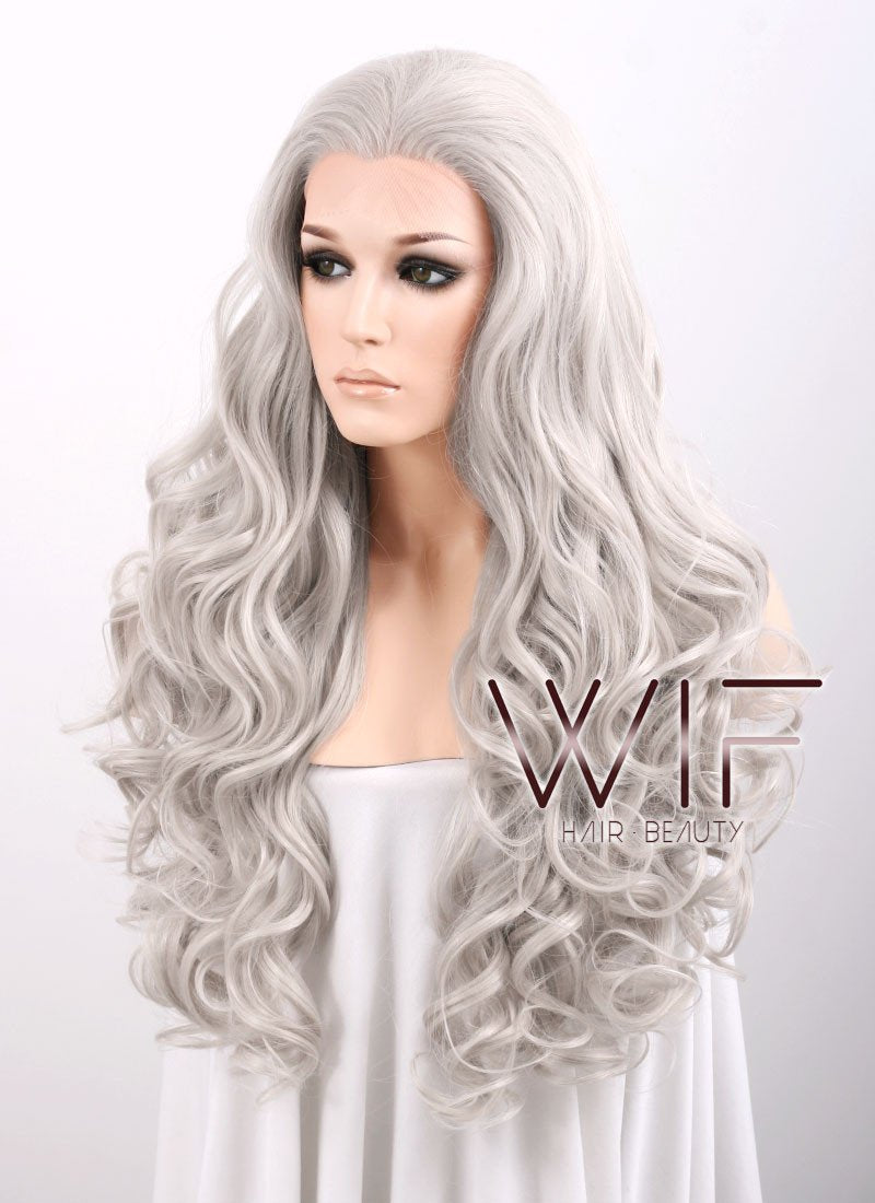 26" Wavy Blondish Grey Lace Front Synthetic Wig LF293
