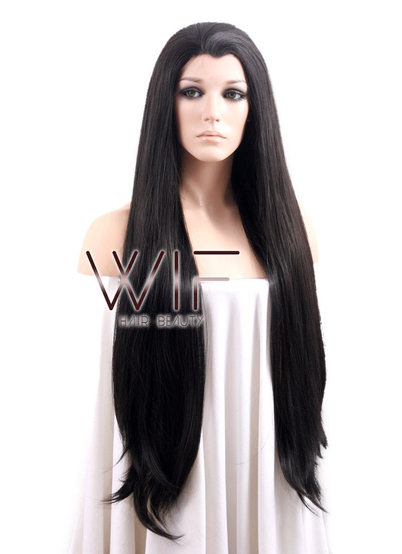 30" Long Straight Black Lace Front Synthetic Hair Wig