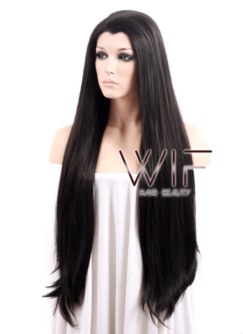 30" Long Straight Black Lace Front Synthetic Hair Wig