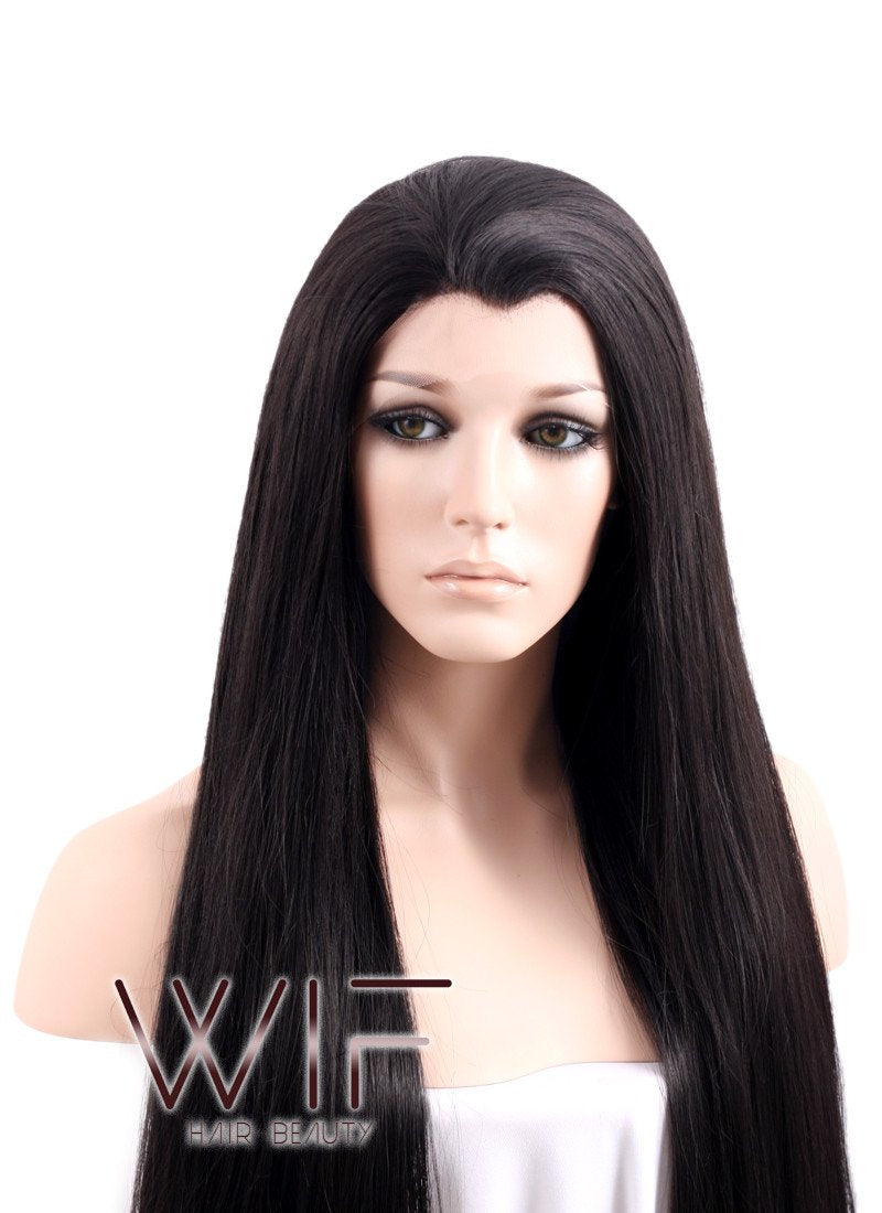 30" Long Straight Black Lace Front Synthetic Hair Wig