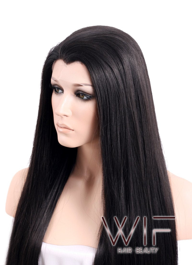 30" Long Straight Black Lace Front Synthetic Hair Wig