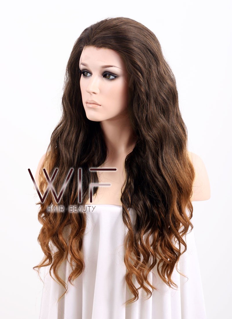 24" Long Wavy 2 Tone Brown Lace Front Synthetic Wig