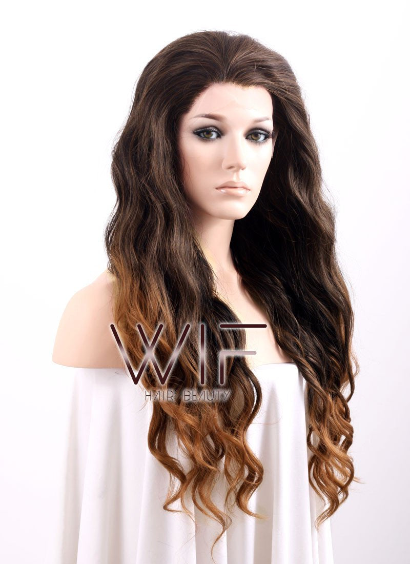 24" Long Wavy 2 Tone Brown Lace Front Synthetic Wig