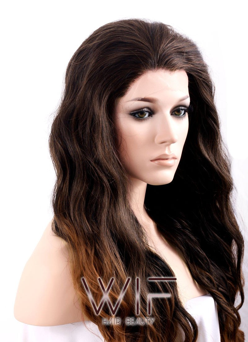 24" Long Wavy 2 Tone Brown Lace Front Synthetic Wig