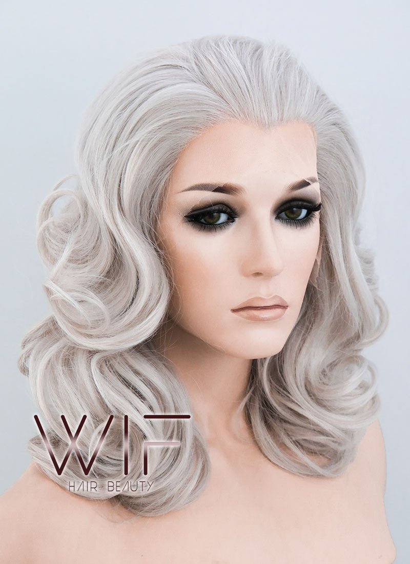 16" Wavy Blondish Grey Lace Front Synthetic Wig LF369