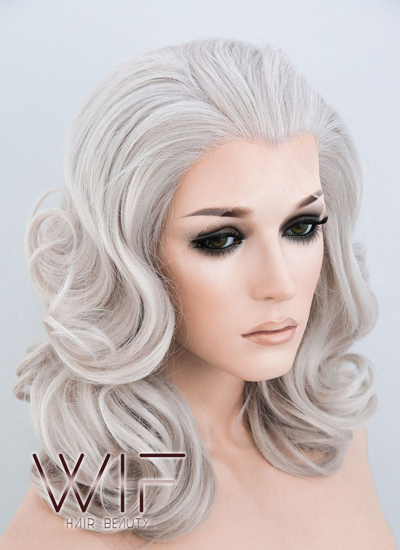 16" Wavy Blondish Grey Lace Front Synthetic Wig LF369