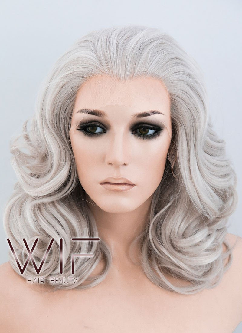 16" Wavy Blondish Grey Lace Front Synthetic Wig LF369