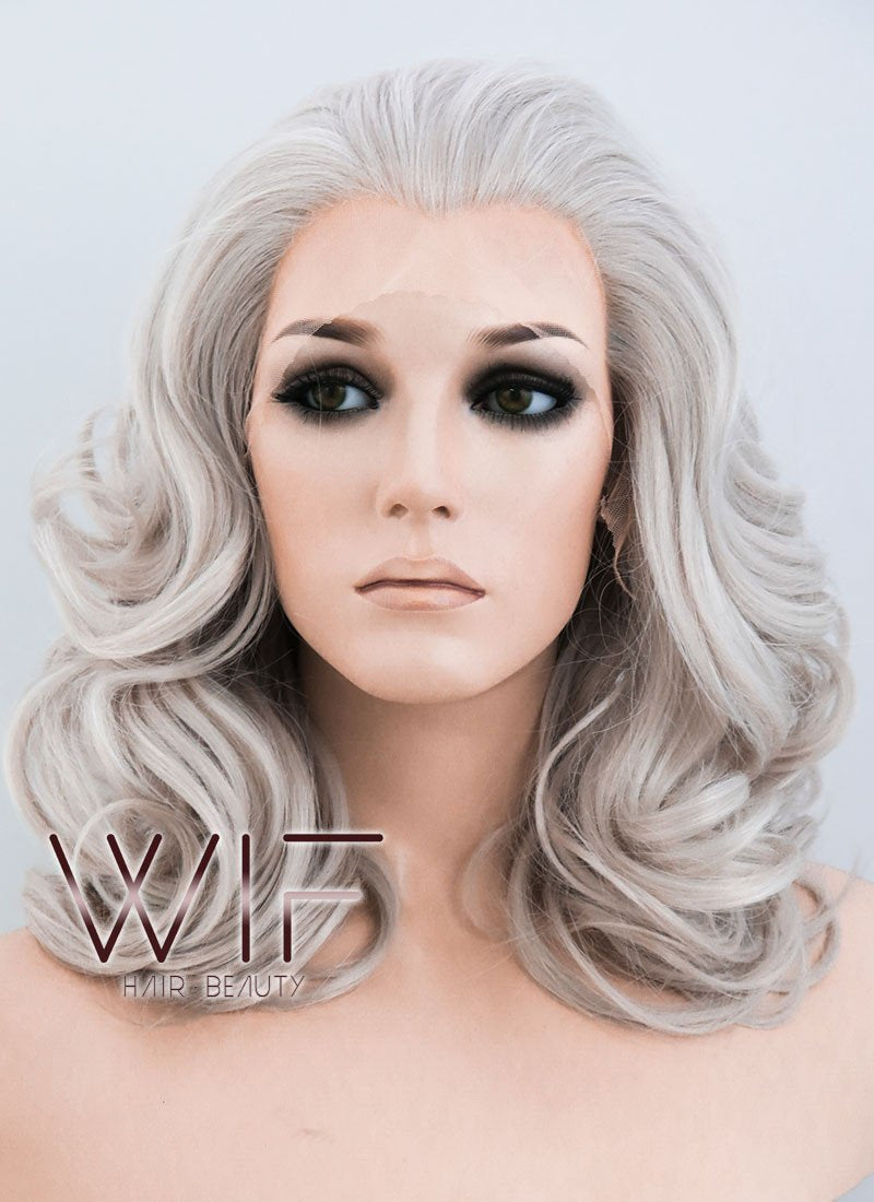 16" Wavy Blondish Grey Lace Front Synthetic Wig LF369