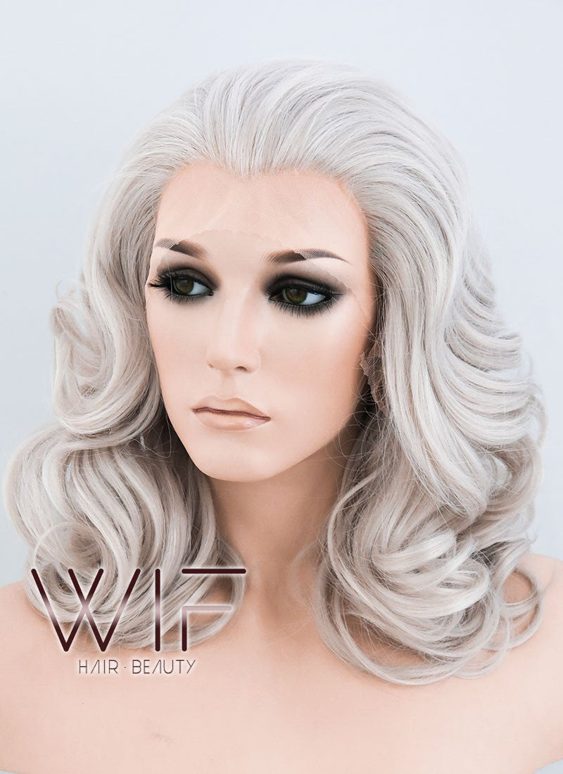 16" Wavy Blondish Grey Lace Front Synthetic Wig LF369