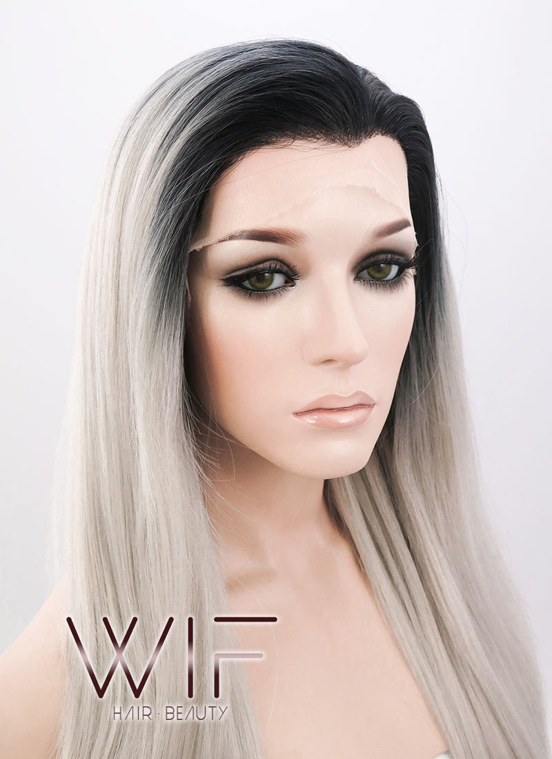24" Straight Ash Grey With Dark Roots Lace Front Synthetic Wig LF371